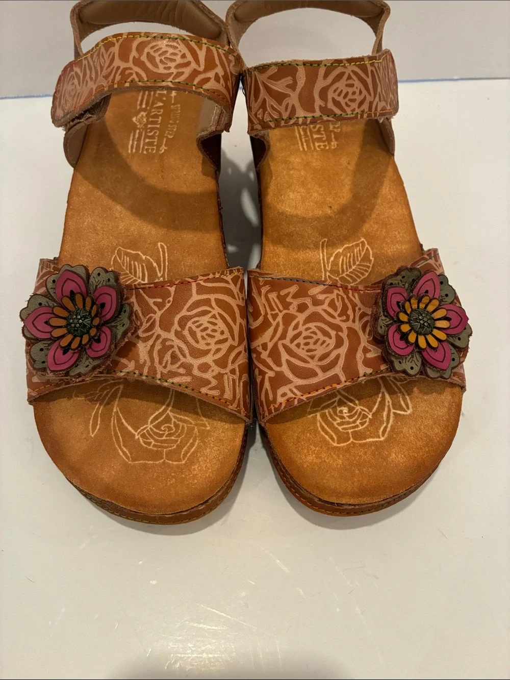 L'ATISTE by Spring Step Cuteness Leather Floral Wedge Sandals